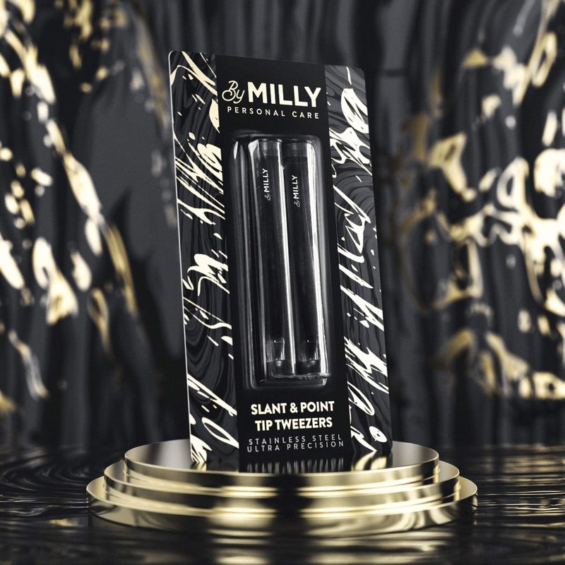 By MILLY Precision Tweezers Set | Slanted & Pointed Tip Tweezers Kit | High Carbon Stainless Steel | Aligned & Hand-Filed Tweezer Set Professional | Hair Removal & Eyebrow Tweezer Set | Black - Image 3